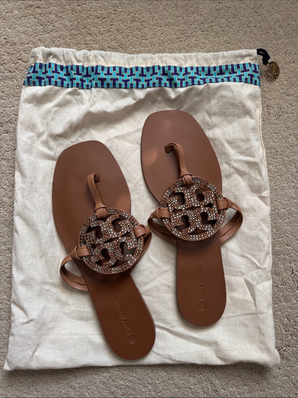 Tory Burch Tan Leather Miller Sandals with Crystal Logo - Picture 5 of 5